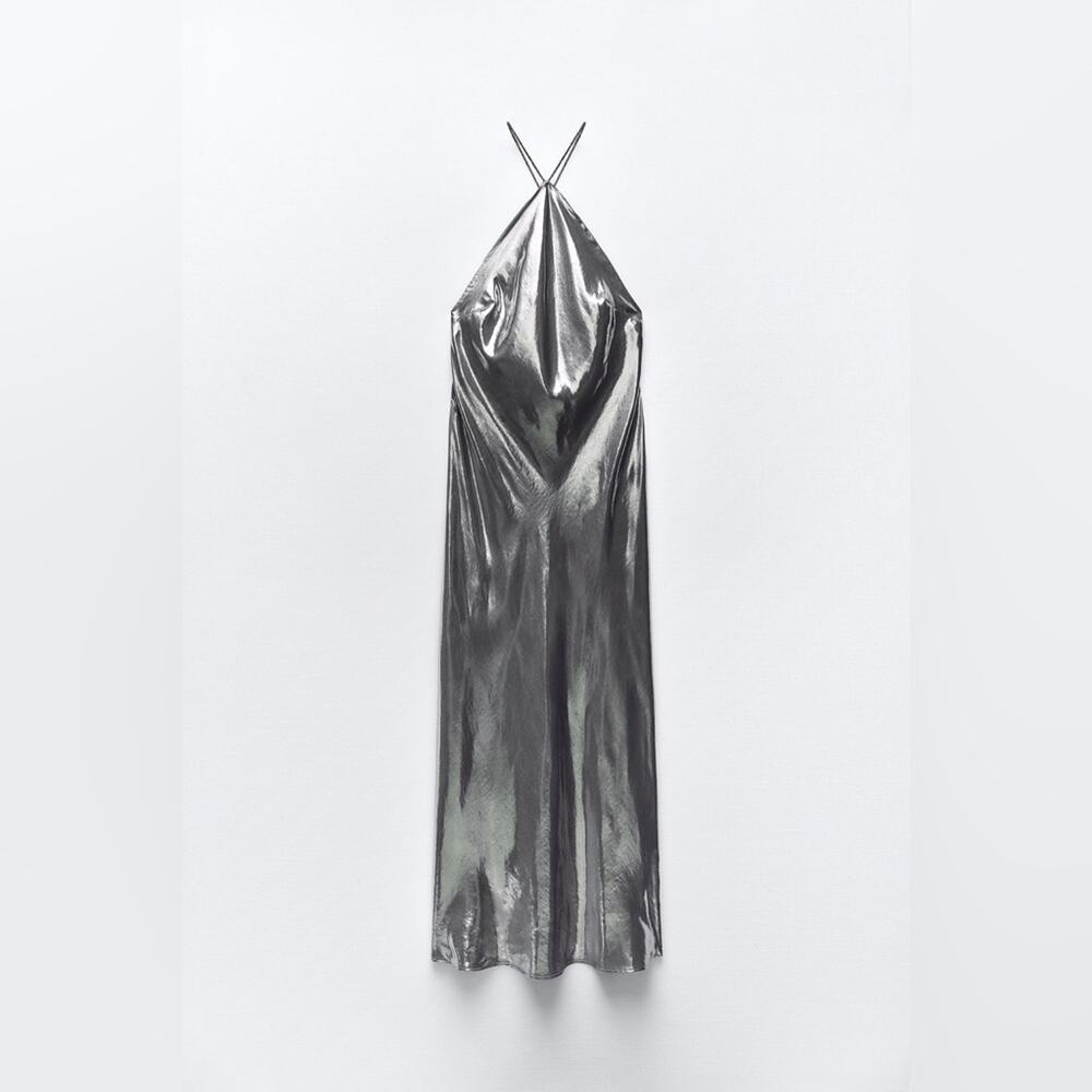 Zara Metallic Gunmetal Halter Maxi Dress. No tags, never worn. - Picture 7 of 12
